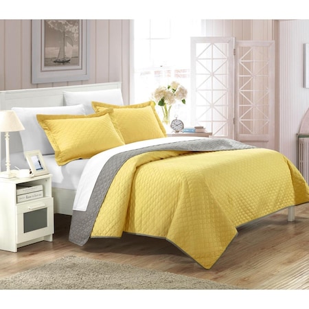 Chic Home QS3382-BIB-US 7 Piece Jasper Reversible Color Block Modern Queen Quilt Set; Yellow With Sheet Set